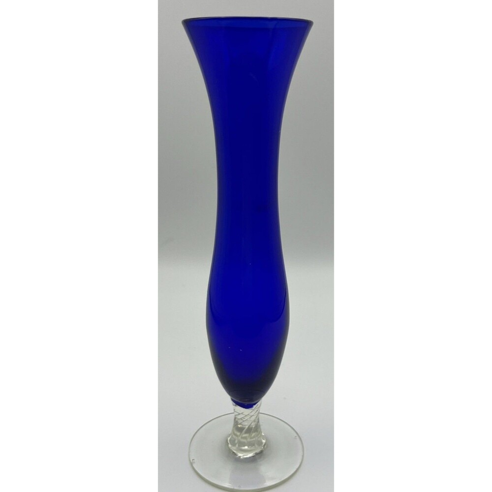 Vintage Cobalt Blue Glass Bud Vase Twisted clear Stem 8x2 inches
